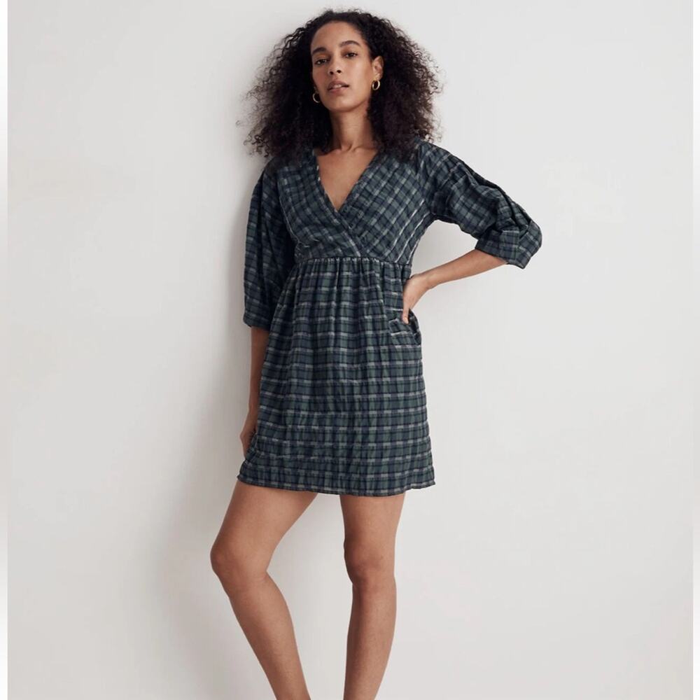 Madewell Marianna Puff-Sleeve Mini Dress Cotton Blend in Plaid Green Size XS
